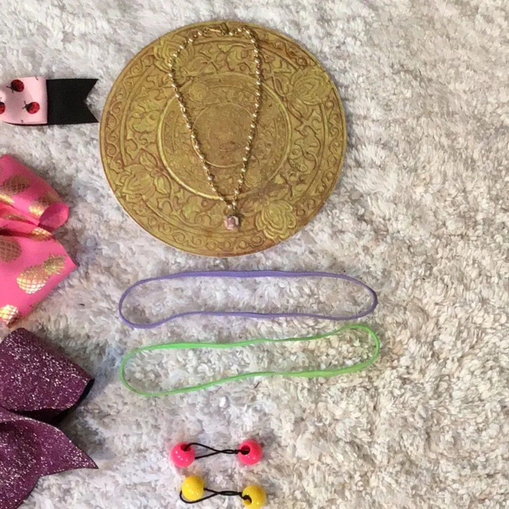 Little Girl’s New Hair Items, Play Gloves & VTG Necklace + FREE Metal Headband!